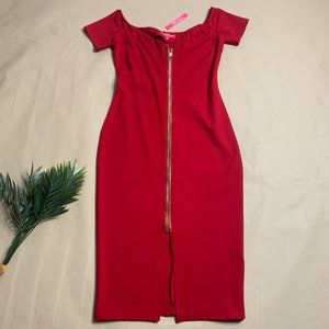 Red Bodycon Dress with Gold Zipper - Size Large